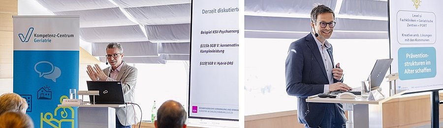 Dr. Bernhard Gibis und Prof. Dr. Michael Denkinger während ihrer Vorträge auf der Veranstaltung Geriatrie im Dialog
