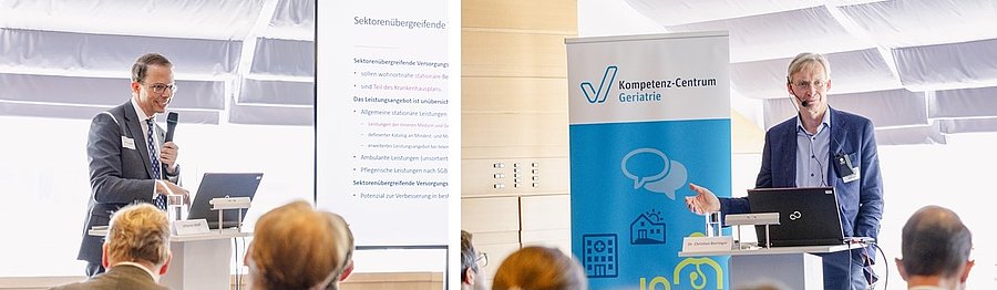 Johannes Wolff und Dr. Christian Berringer während ihrer Vorträge auf der Veranstaltung Geriatrie im Dialog
